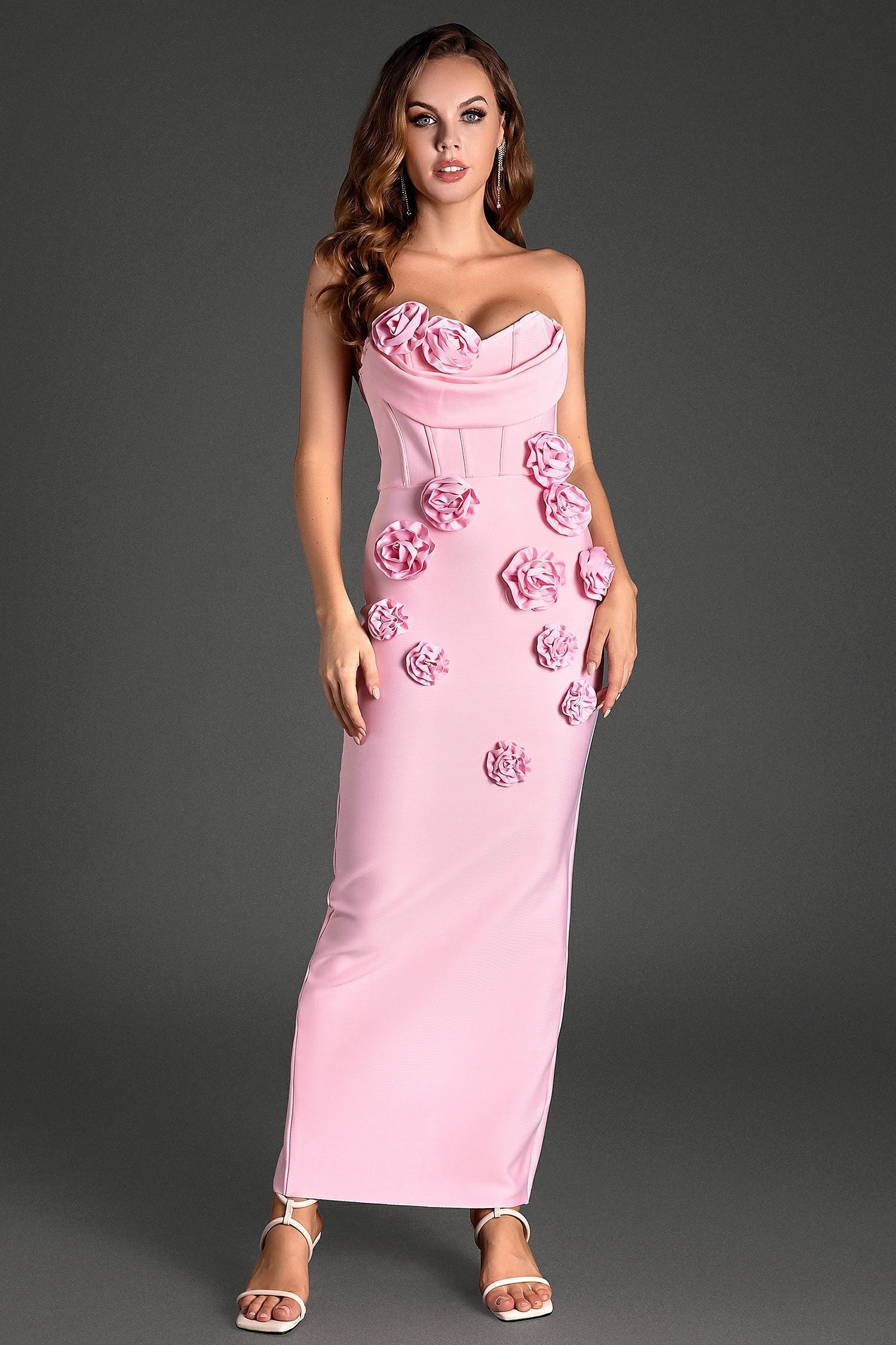 MARWOND CORSET STRAPLESS 3D FLORAL DRESS