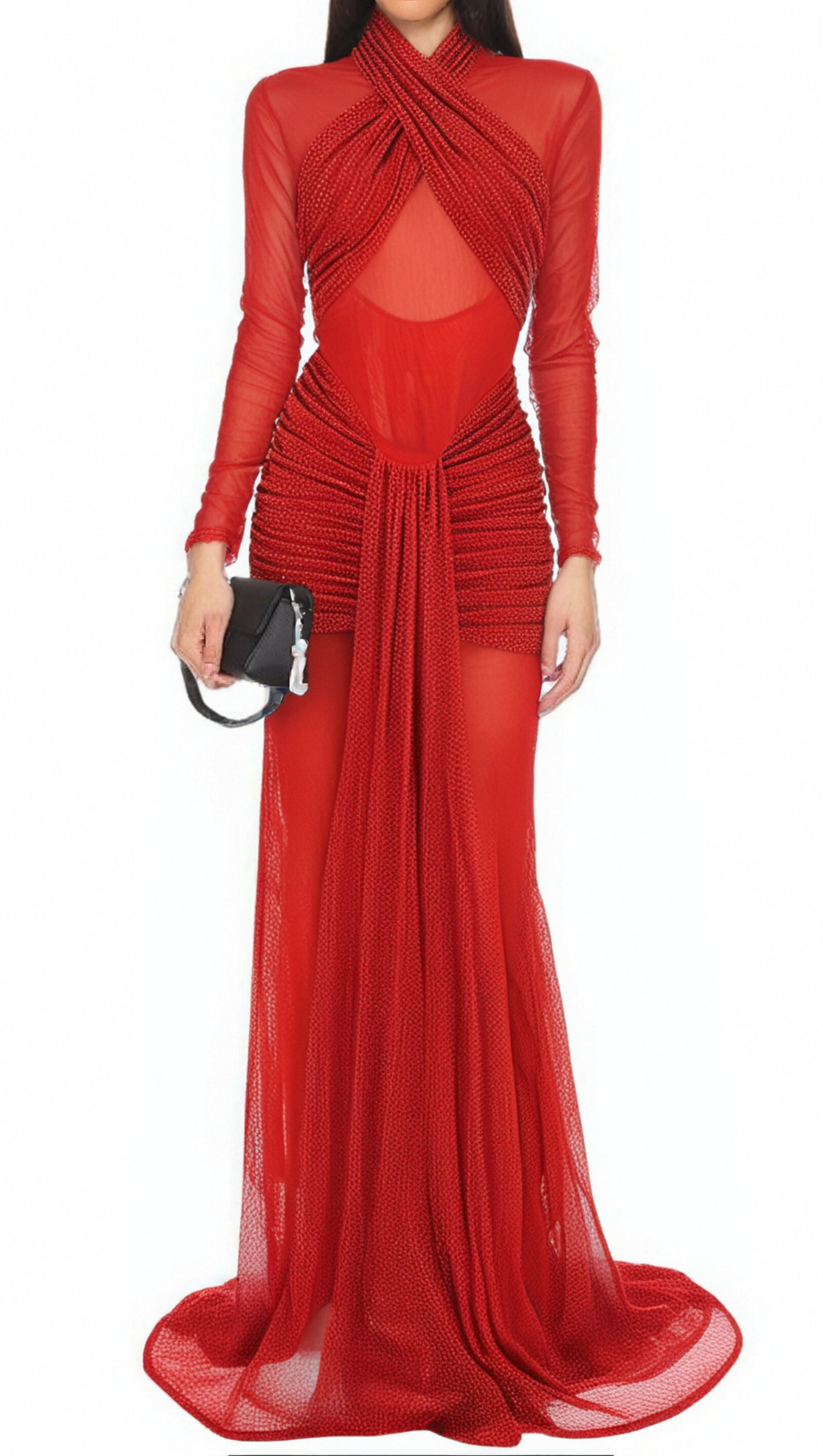 SLINKY MESH LONG SLEEVE MAXI DRESS IN RUBY