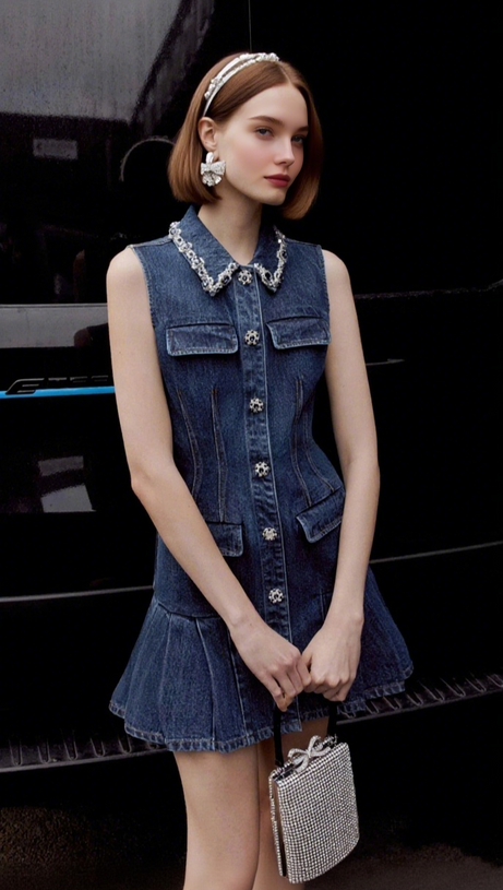 BLUE DENIM SLEEVELESS MINI DRESS