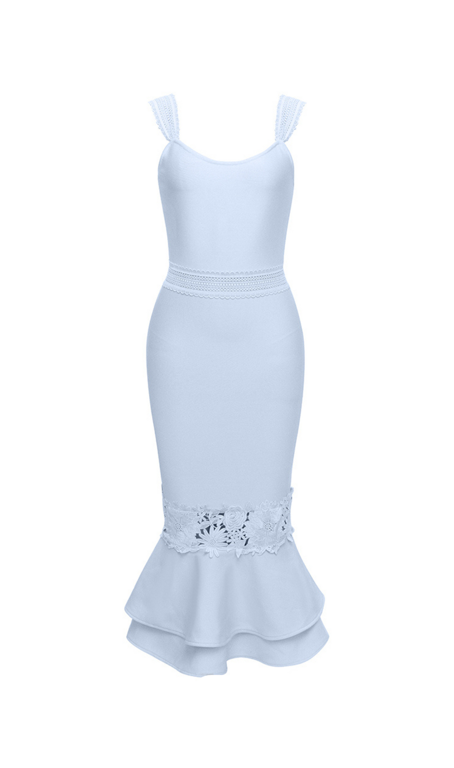 AGATHA – BANDAGE-MIDIKLEID MIT MEERJUNGFRAUENSAUM UND BLUMENSPITZE IN BLAU