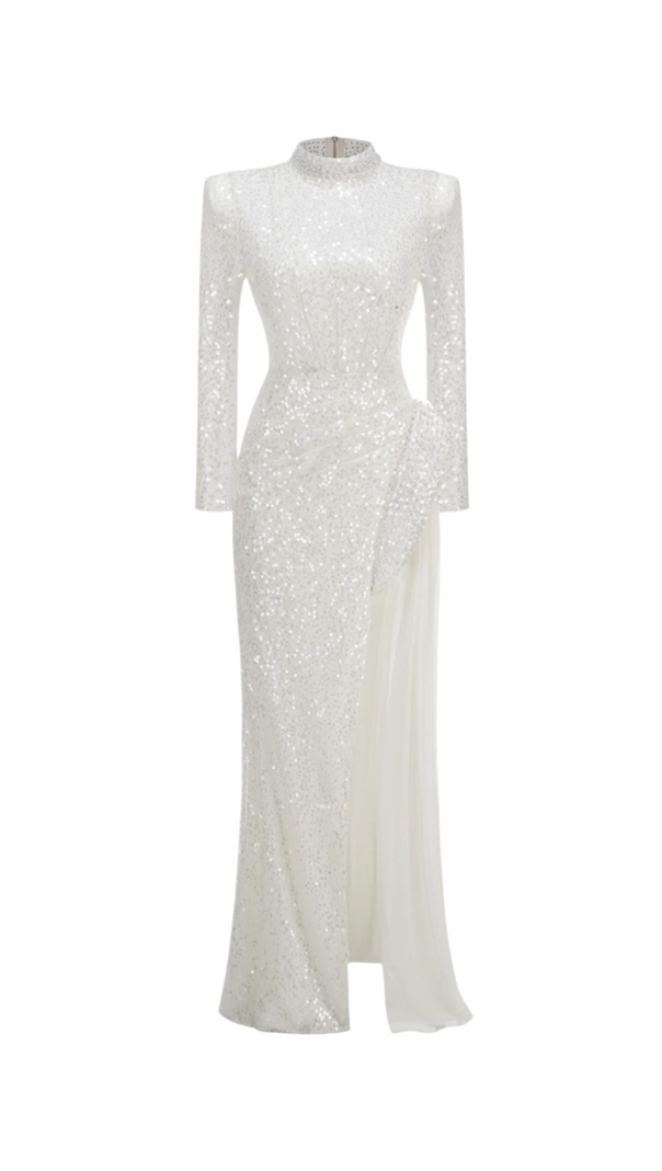 AIIZIE YVETTE PEARL EMBELLISHED SEQUIN MAXI DRESS IN WHITE - product image
