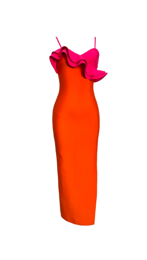 AIIZIE SIMONA ORANGE RUFFLE STRAP BANDAGE MAXI DRESS - product image