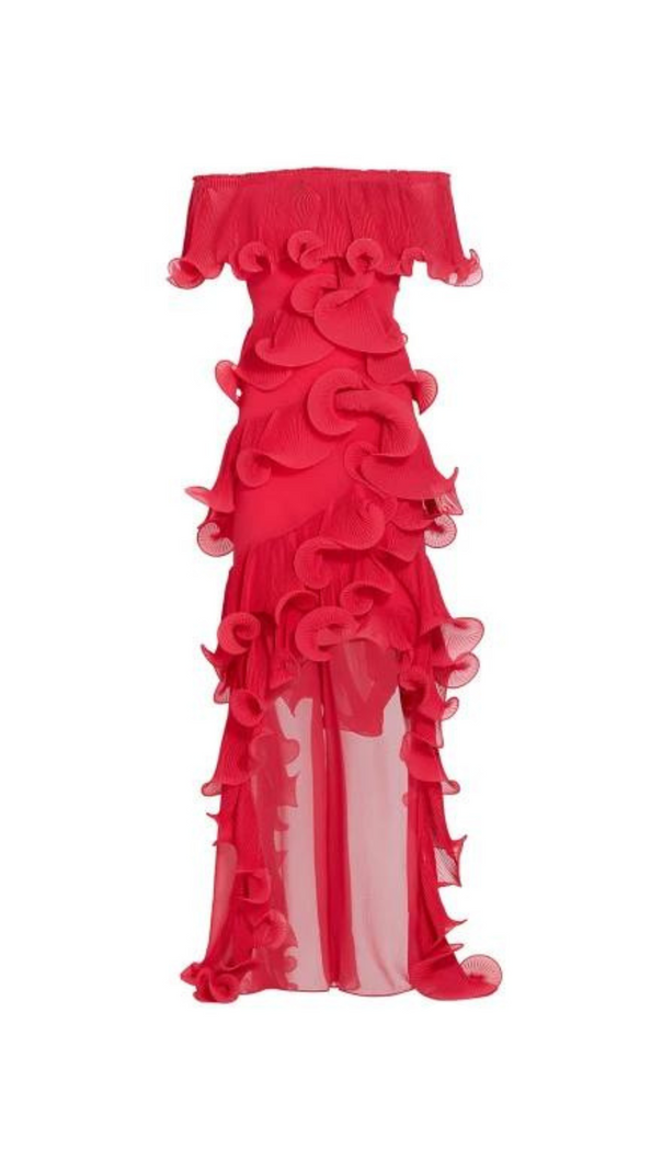 AIIZIE DORA ROSE RED OFF-SHOULDER PLEATED ORGANZA MAXI DRESS - product image