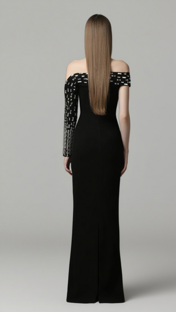 AIIZIE OFF SHOULDER SILVER EMBELLISHED ONE SLEEVE IN BLACK - product image