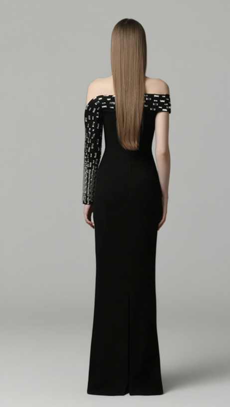 OFF SHOULDER SILVER EMBELLISHED ONE SLEEVE IN BLACK