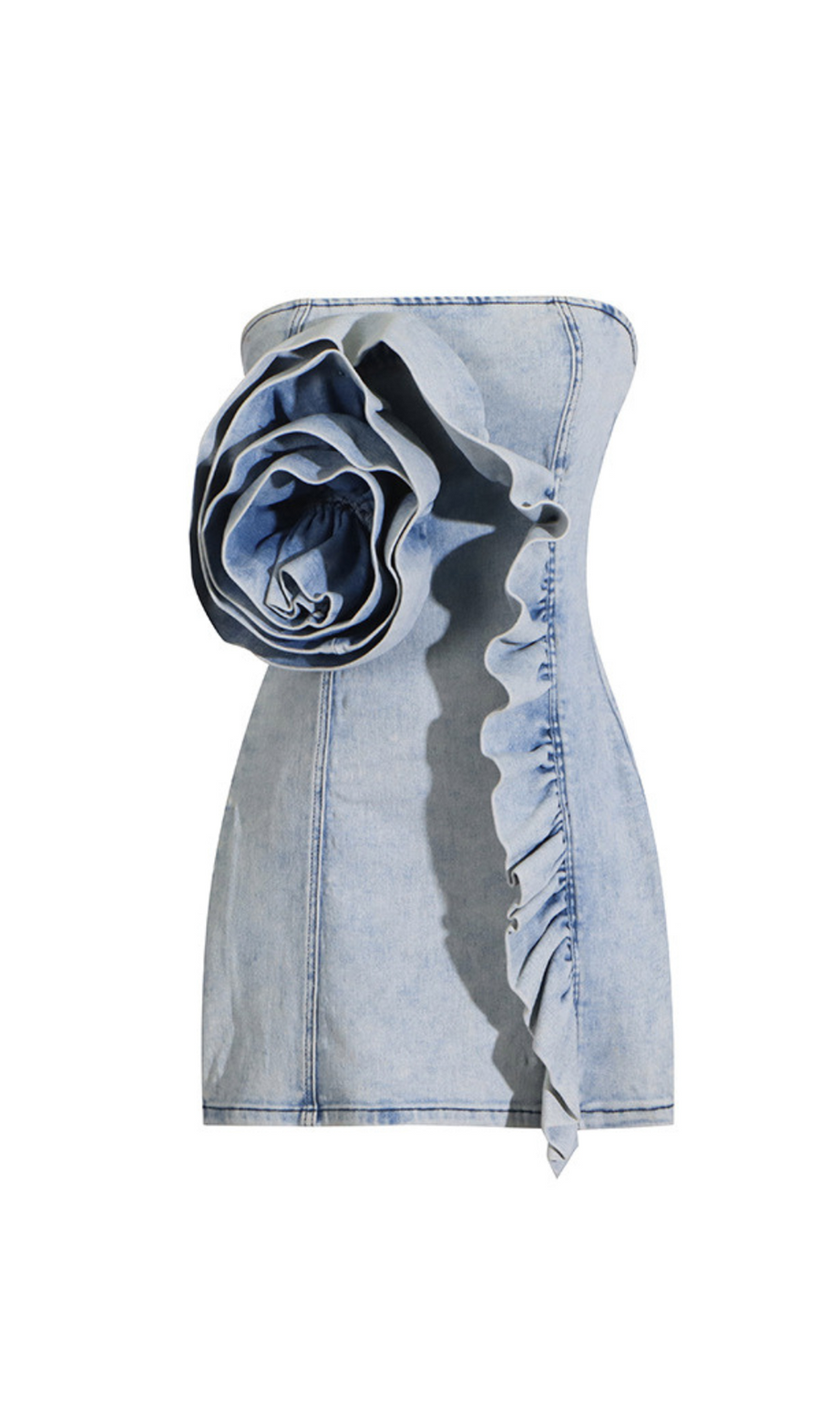 ALISON BLAUES TRÄGERLOSES MINIKLEID AUS DENIM MIT RÜSCHENBESATZ