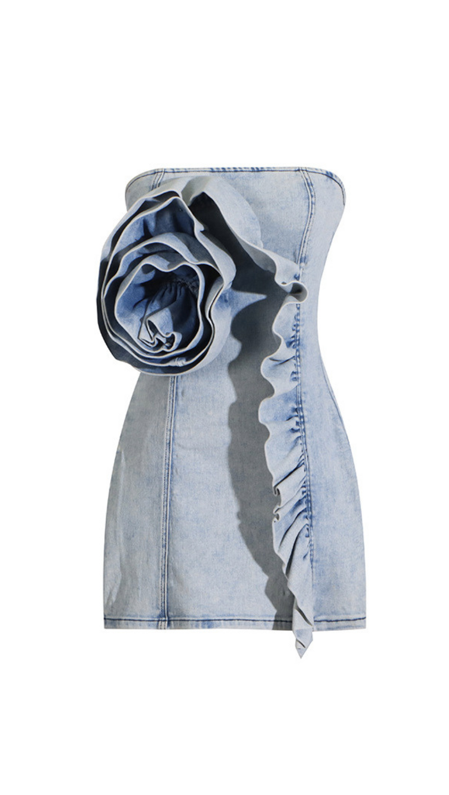 ALISON BLUE RUFFLED TRIM STRAPLESS DENIM MINI DRESS