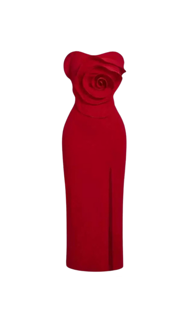 AIIZIE MICHELLE 3D FLOWER STRAPLESS MIDI DRESS IN RED - product image