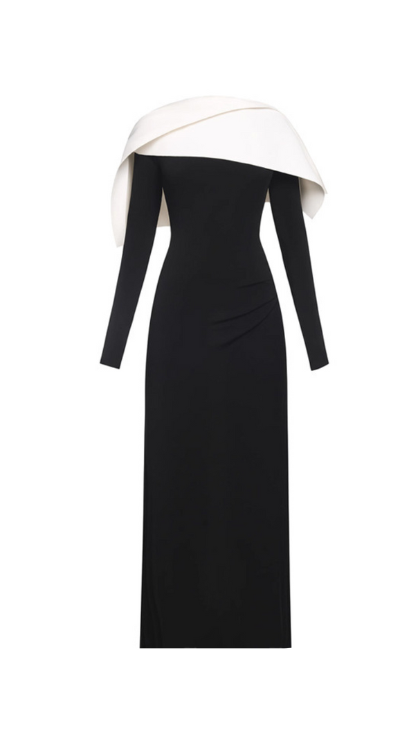 AIIZIE BLACK MAXI DRESS WITH DRAPED ASYMMETRICAL SHOULDER PLEAT - product image