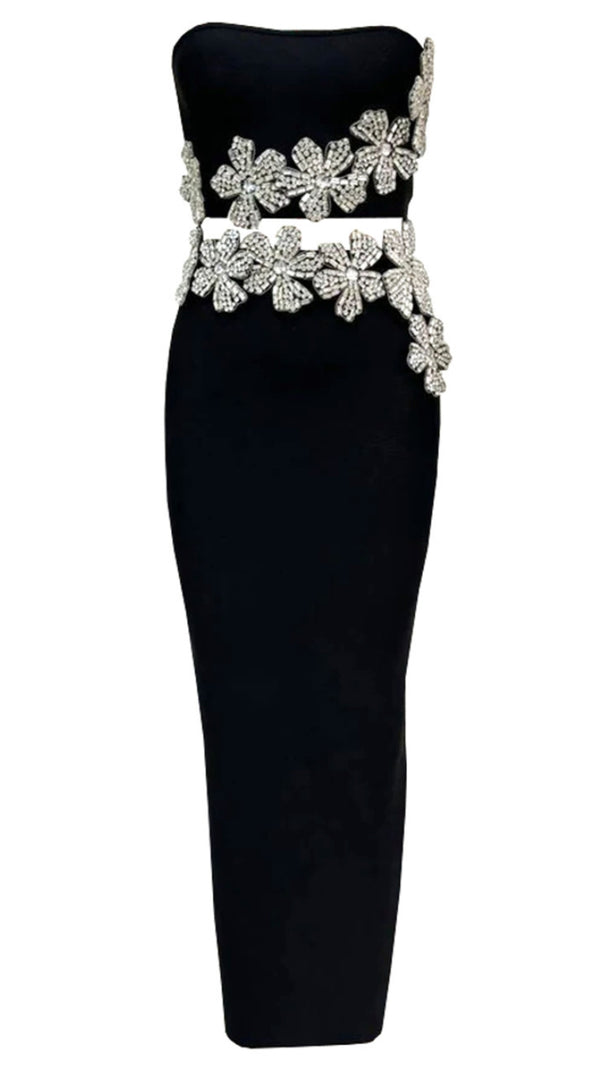 AIIZIE STRAPLESS CRYSTAL FLORAL TWO PIECE MAXI DRESS BLACK - product image