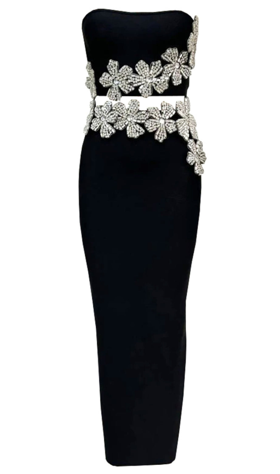 Trägerloses, zweiteiliges Maxikleid mit Kristallblumenmuster in Schwarz