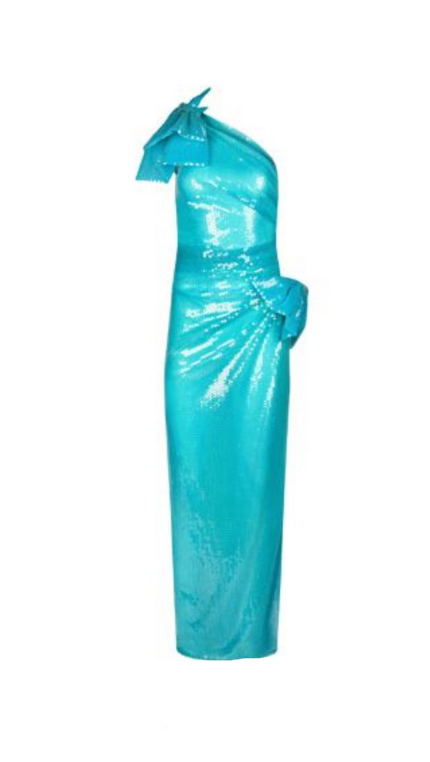 AIIZIE ONE SHOULDER BOW SEQUIN MAXI DRESS IN BLUE - product image