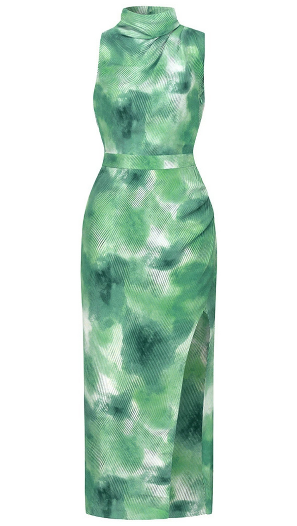 AIIZIE TIE DYE SPLIT THIGH BACKLESS DRESS IN GREEN - product image
