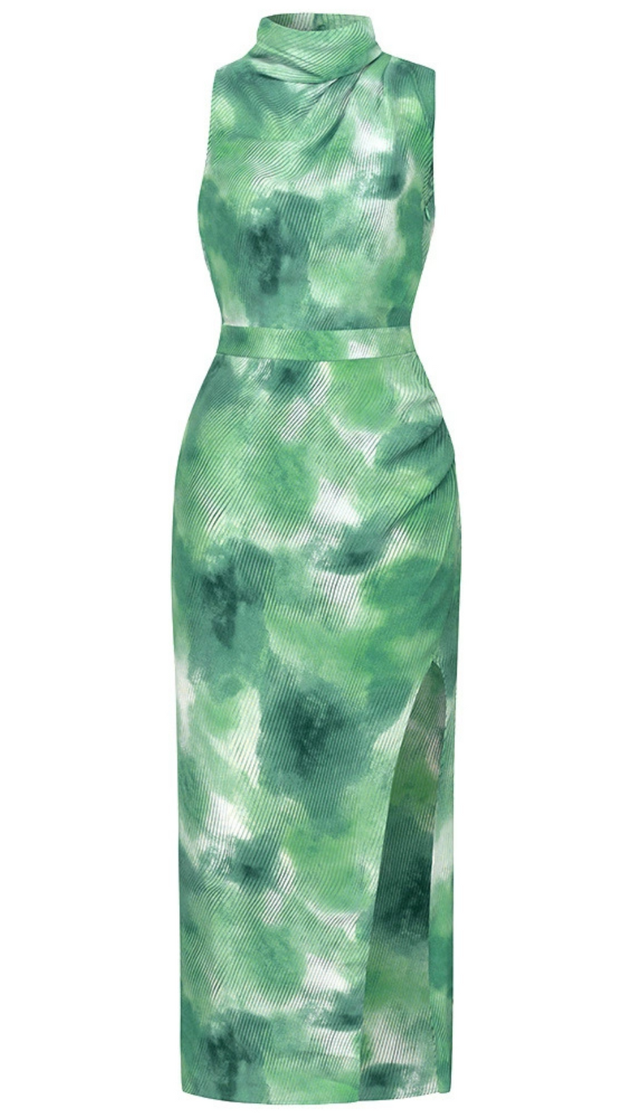 TIE DYE SPLIT THIGH BACKLESS DRESS IN GREEN