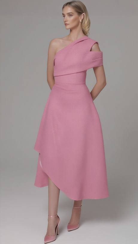 IRREGULAR ONE-SHOULDER MIDI DRESS IN PINK