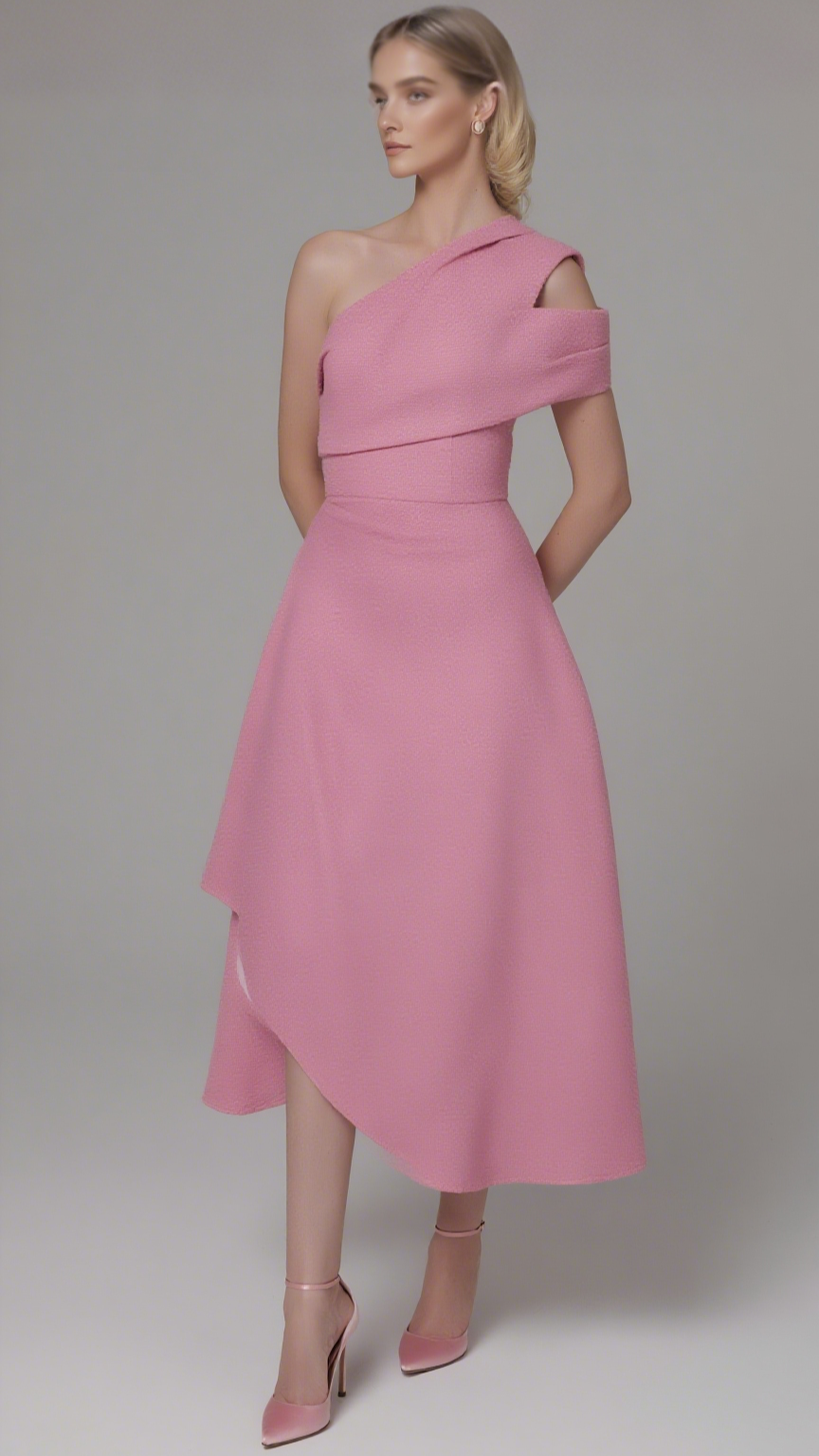 IRREGULAR ONE-SHOULDER MIDI DRESS IN PINK