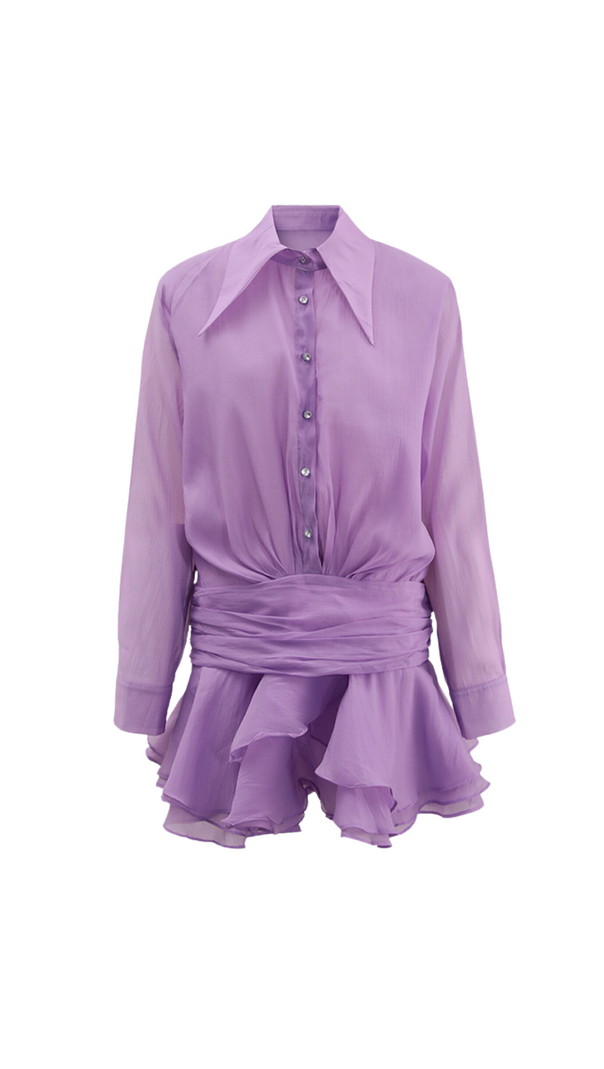 AIIZIE EMBER RUCHED RUFFLE MINI DRESS IN PURPLE - product image