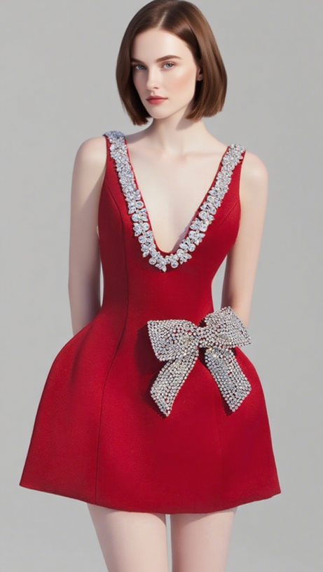 ESME PLUNGE BOWNOT MINI DRESS IN RED