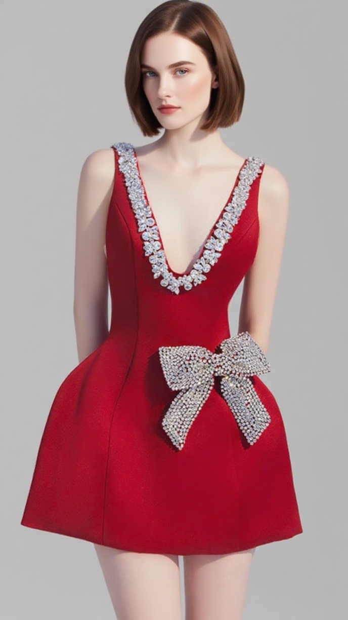 ESME PLUNGE BOWNOT MINI DRESS IN RED