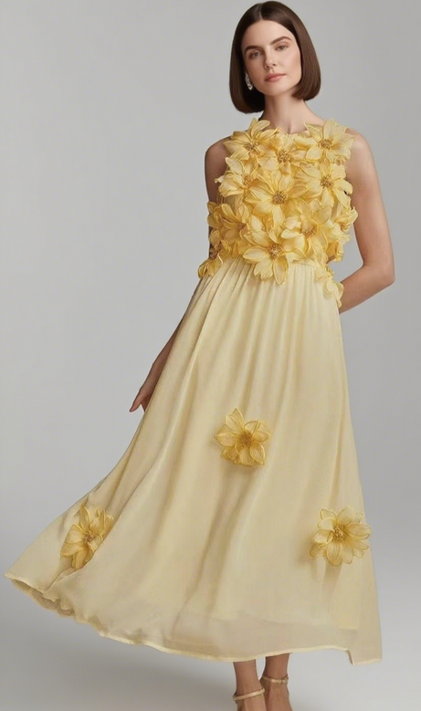 Ärmelloses Maxikleid mit 3D-Blumenverzierung in Gelb