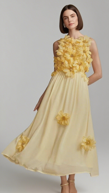 Ärmelloses Maxikleid mit 3D-Blumenverzierung in Gelb