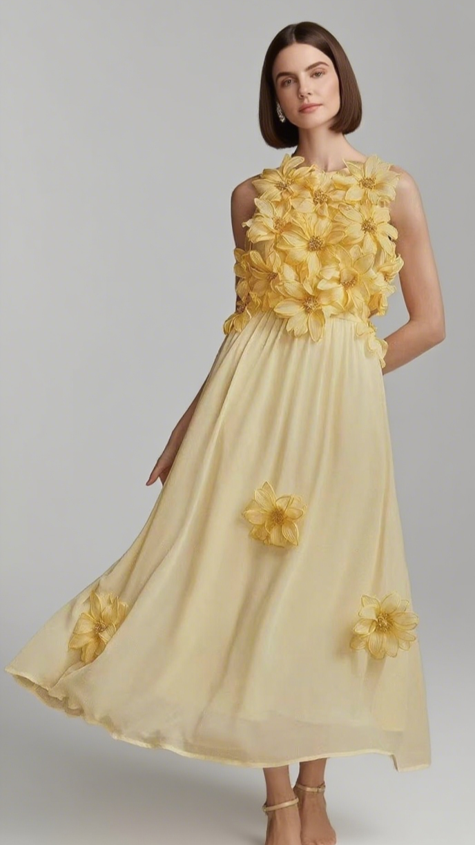 3D FLOWER EMBELLISHED SLEEVELESS MAXI DRESS IN YELLOW
