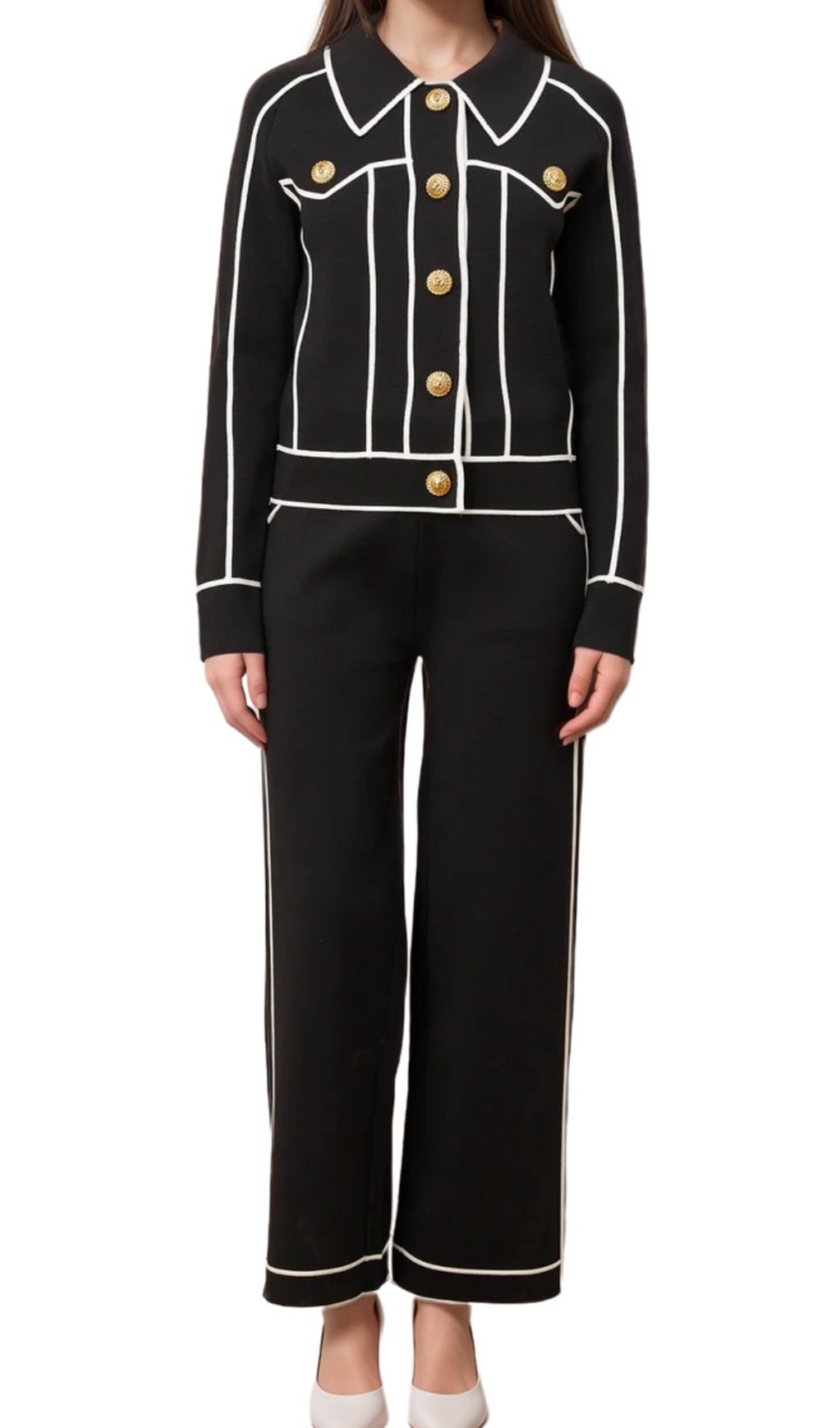 AMITY SEVEN-BUTTON BLACK PIPED-TRIM JACKET