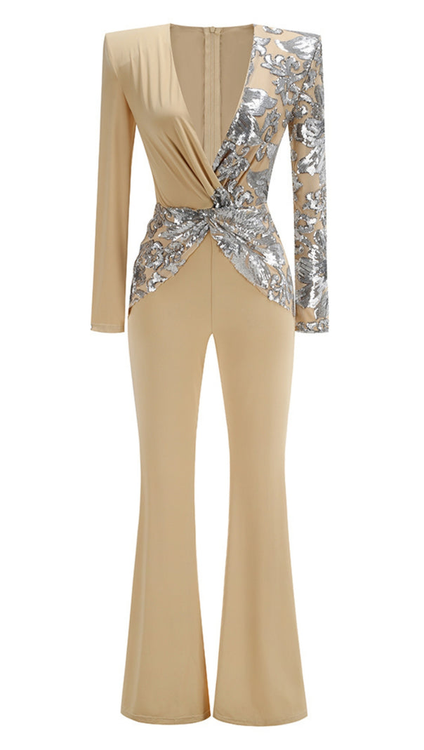 AIIZIE LONG SLEEVE SEQUIN JUMPSUIT SAND SILVER - product image