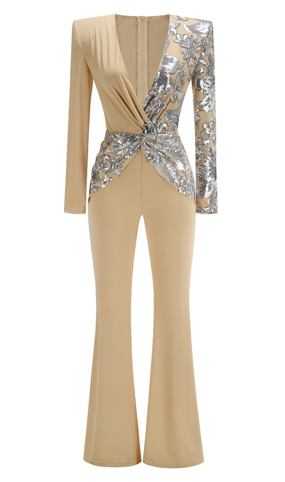 Long Sleeve Sequin Jumpsuit Sand Silver