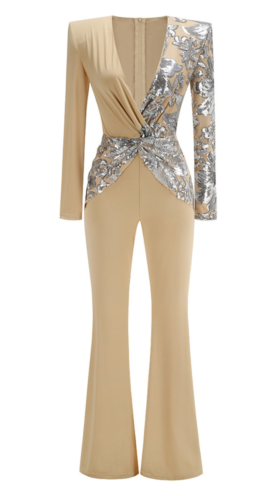 Langarm-Jumpsuit mit Pailletten in Sandsilber