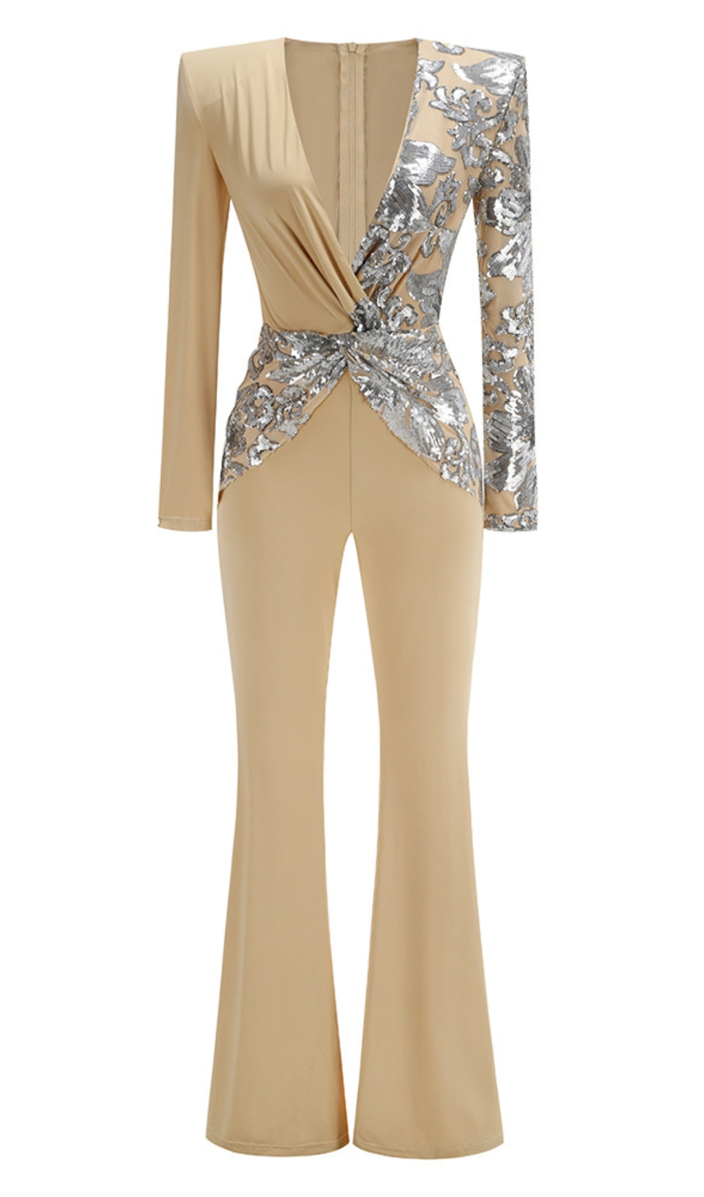 Langarm-Jumpsuit mit Pailletten in Sandsilber