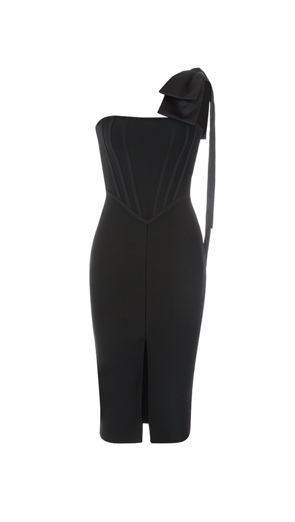 AIIZIE CALISTA BLACK ONE BOW SHOULDER SPLIT BANDAGE MIDI DRESS - product image