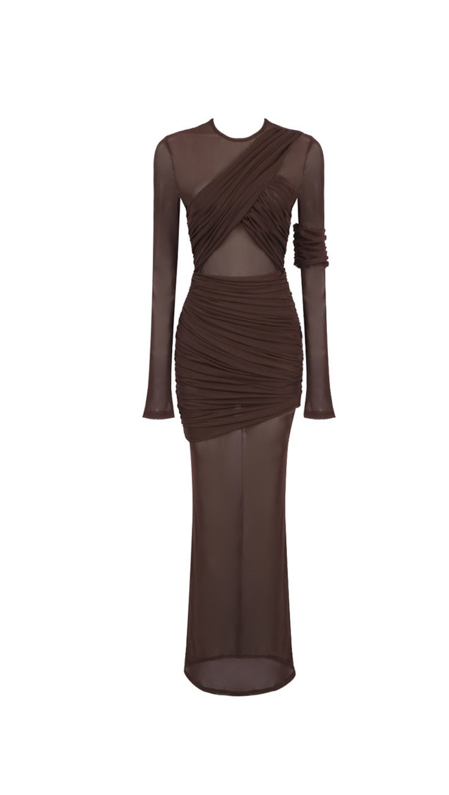 LONG SLEEVE MESH INSERT DRAPED MAXI DRESS