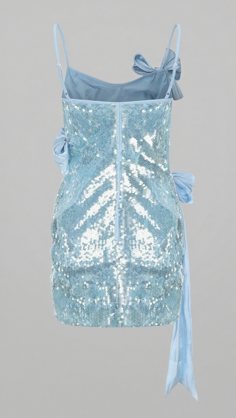 ELVIRA SEQUIN BOW SLEEVELESS MINI DRESS IN BLUE