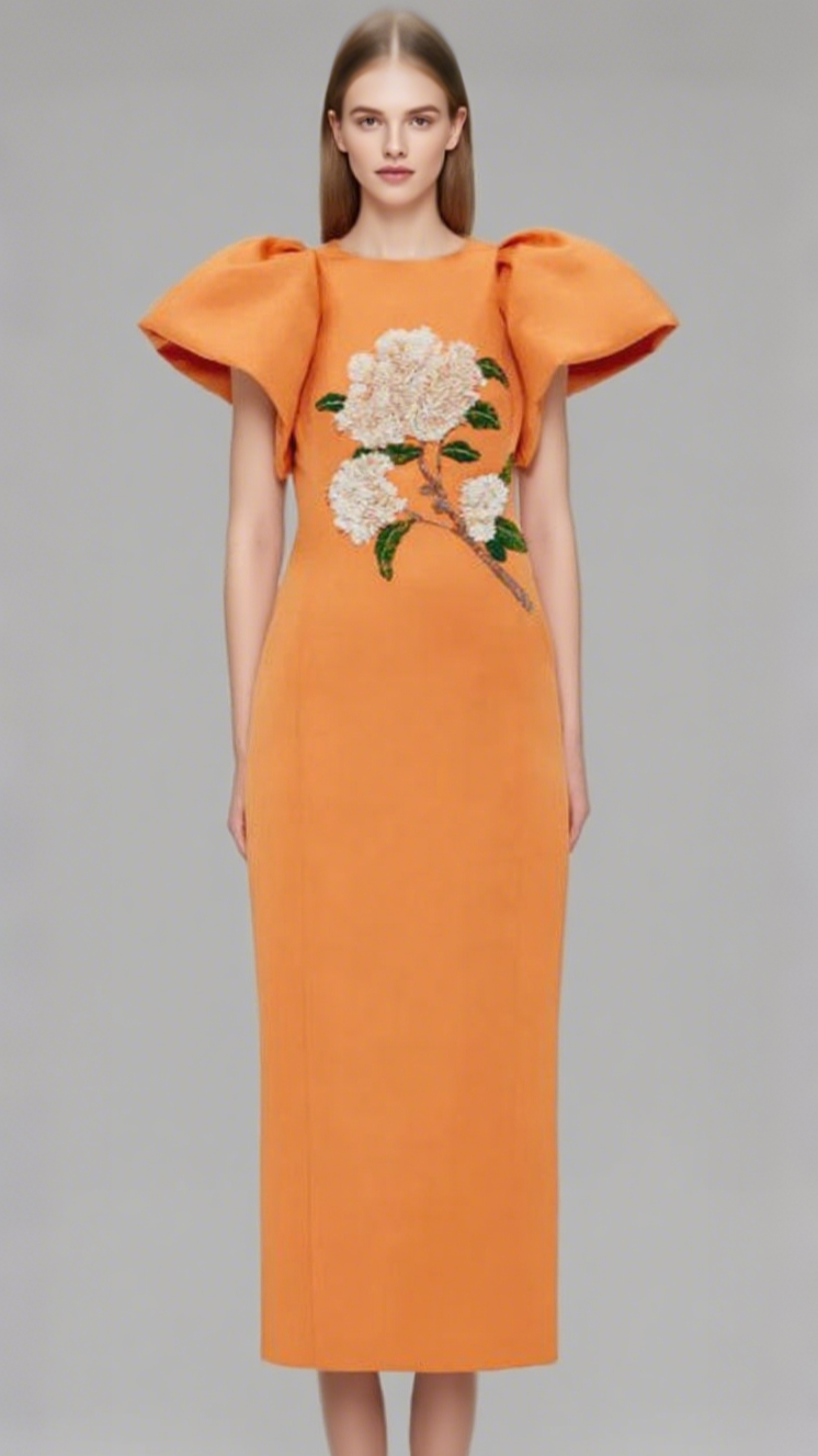 EDWINA EMBELLISHED MAXI DRESS HYDRANGEA PRINT IN TANGERINE