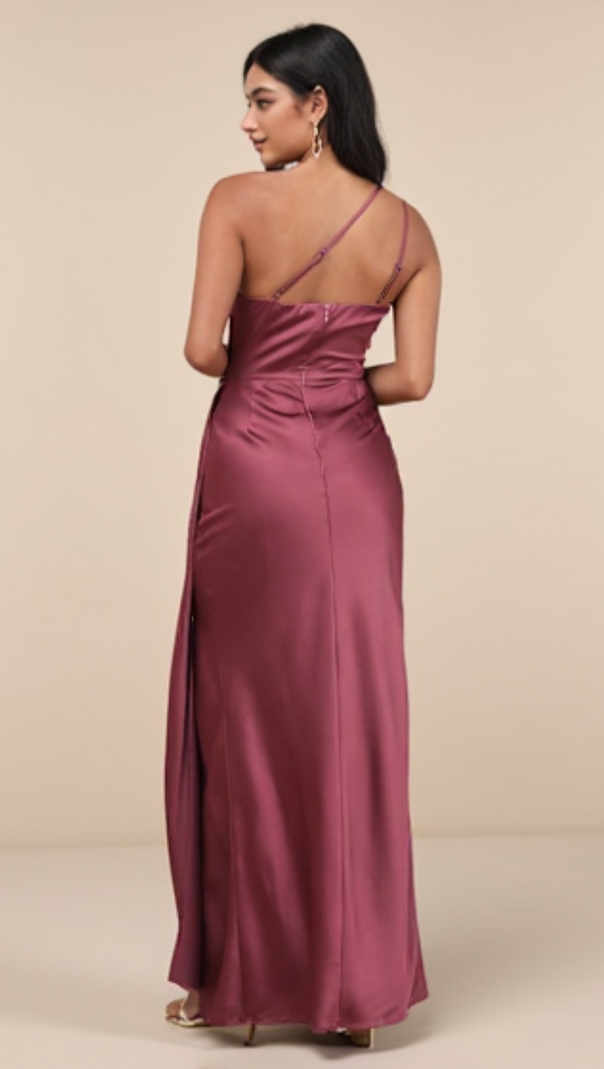 AIIZIE SIGNATURE ELEGANCE MAUVE PURPLE SATIN ONE-SHOULDER MAXI DRESS - product image