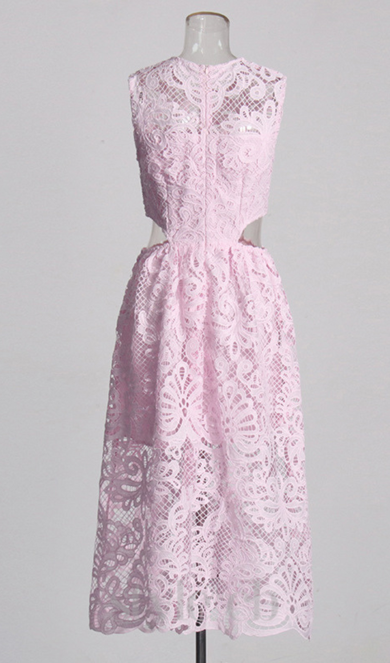 FANNY CUT-OUT LACE EMBROIDERY MIDI DRESS IN PINK