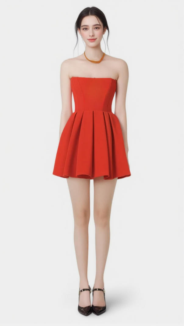 AIIZIE TOMATO RED STRAPLESS PLEATED MINI DRESS - product image