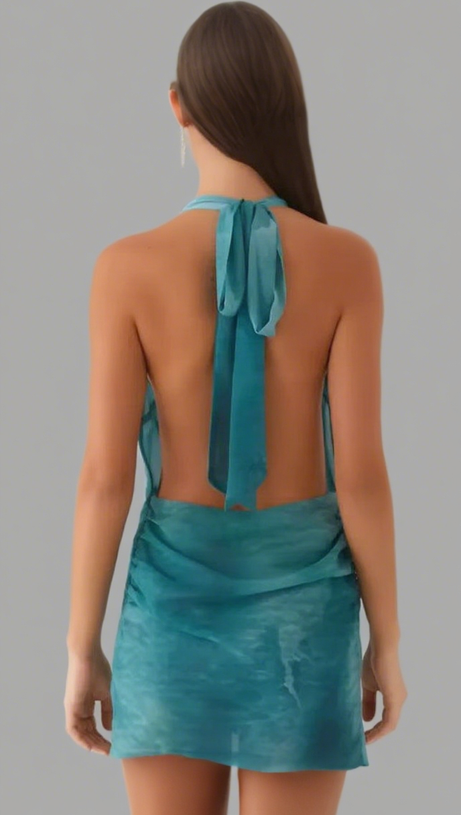 Petrolfarbenes Neckholder-Minikleid zum Strand