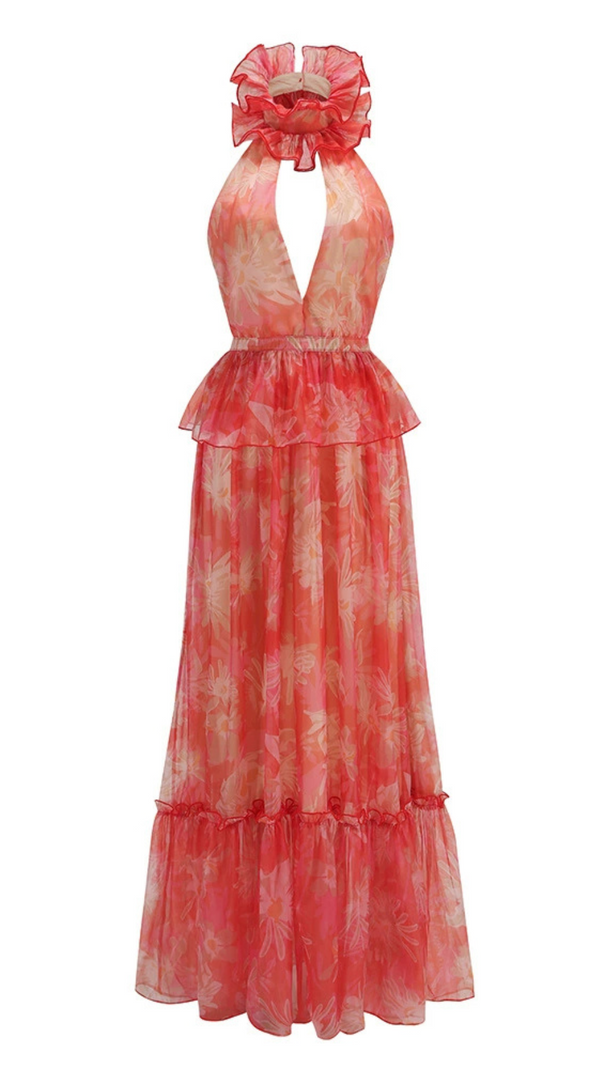 AIIZIE ORANGE FLORAL PRINTED SHEEVELESS HALTER MAXI DRESS - product image