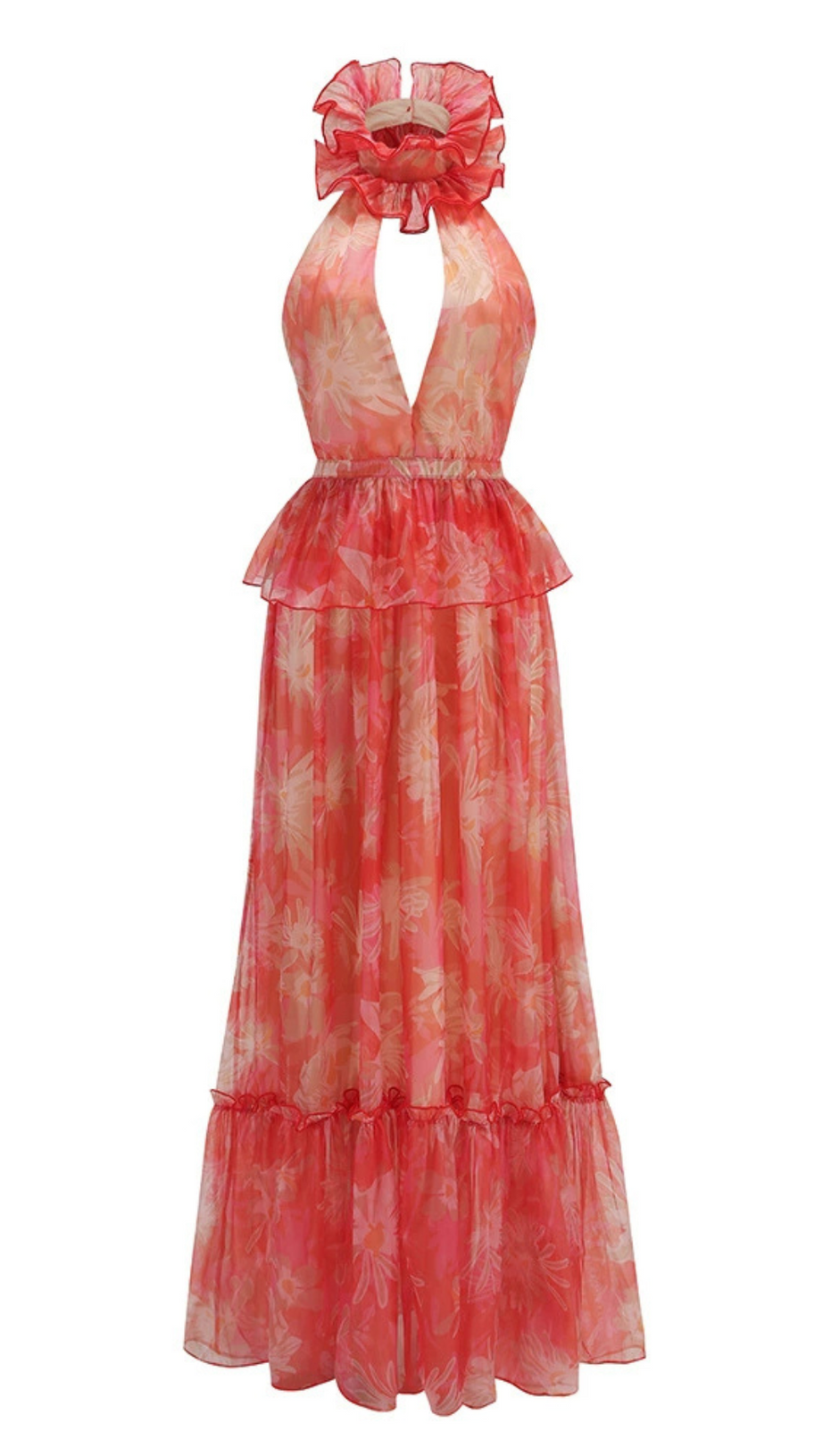 ORANGE FLORAL PRINTED SHEEVELESS HALTER MAXI DRESS