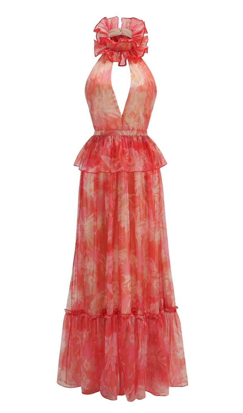 ORANGE FLORAL PRINTED SHEEVELESS HALTER MAXI DRESS