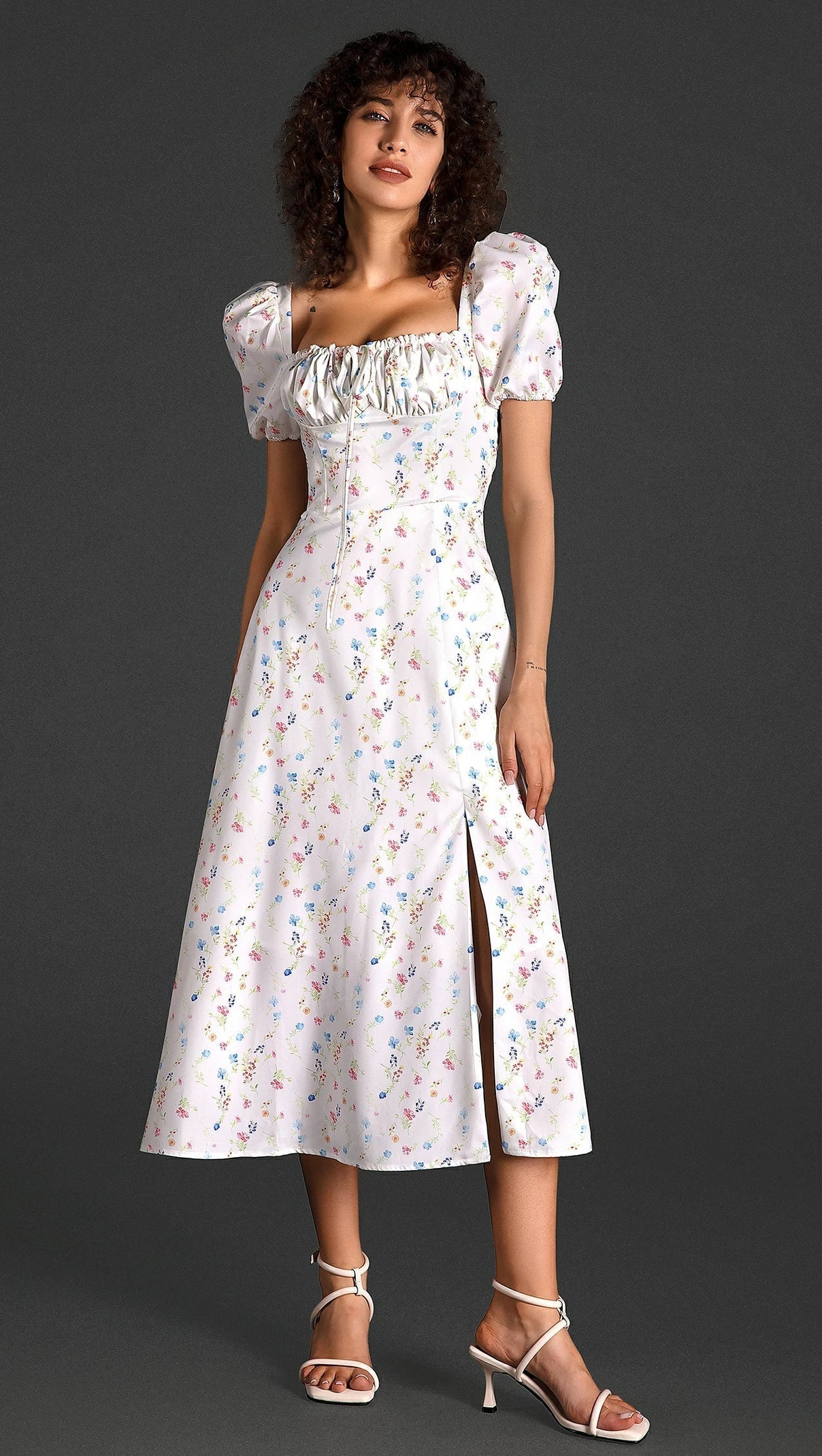 Diann Floral Side Split Puff Sleeve Dress
