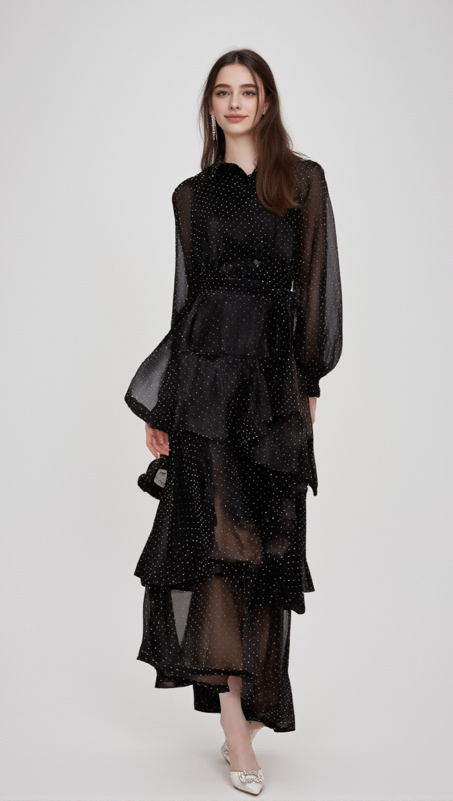 CLÉMENCE BLACK POLKA-DOT TIERED MIDI DRESS