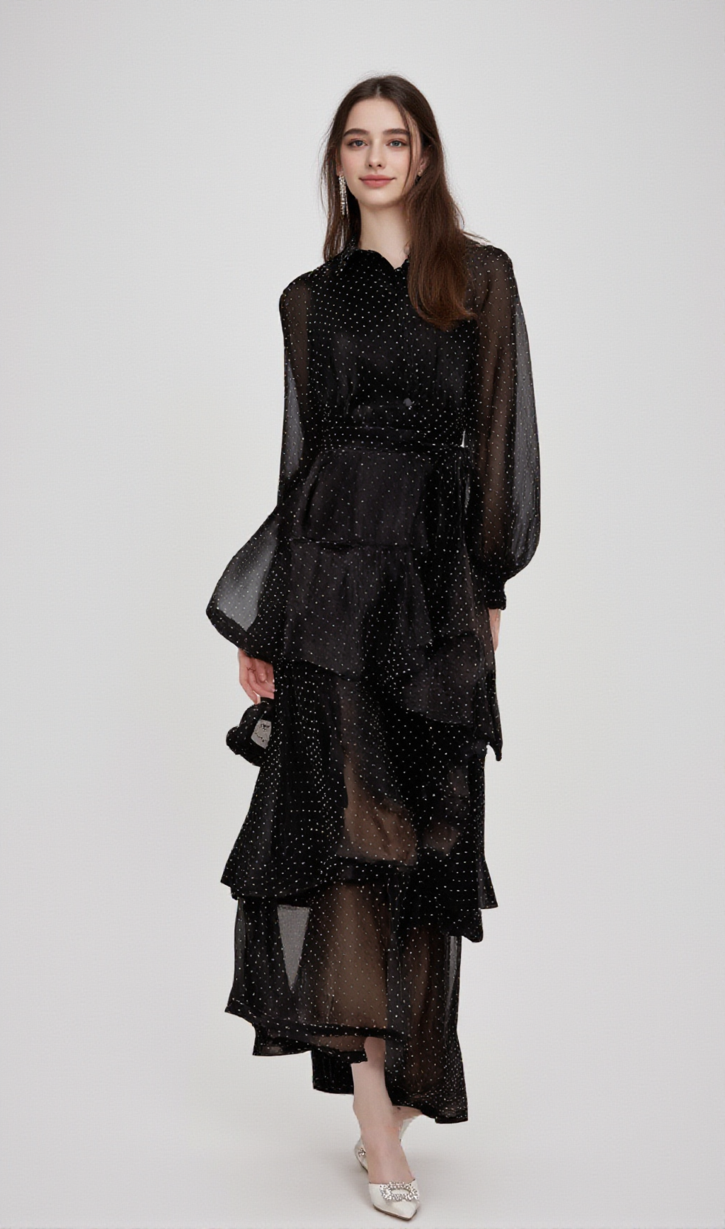 CLÉMENCE BLACK POLKA-DOT TIERED MIDI DRESS