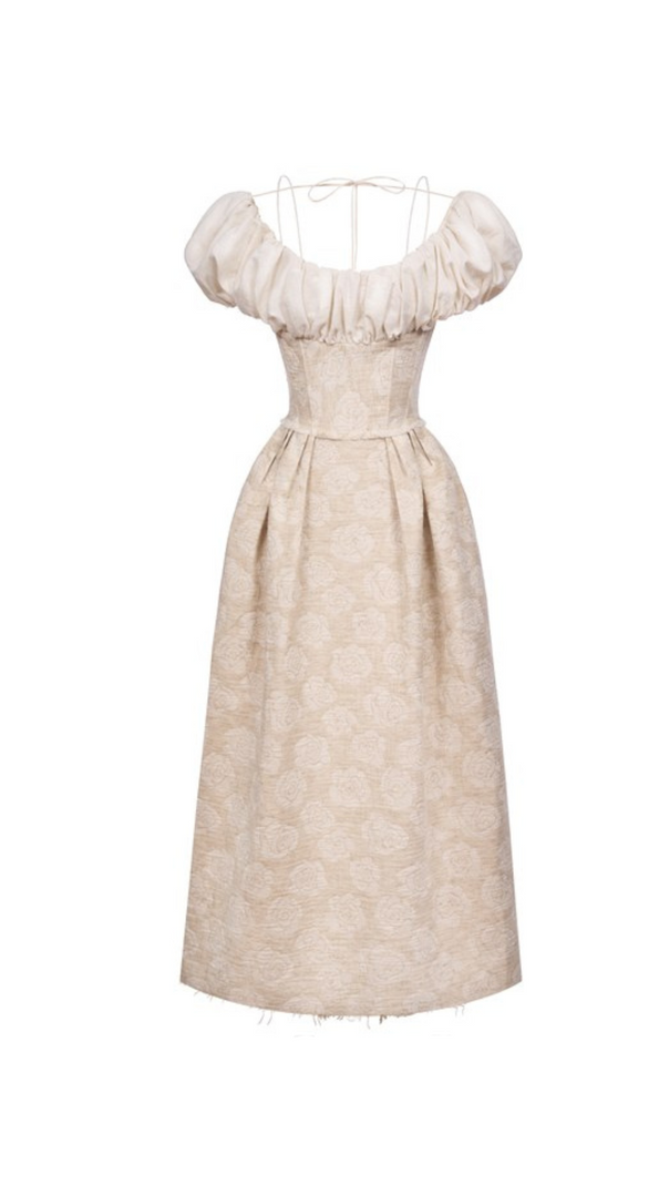 AIIZIE BOAT NECK CORSET MAXI DRESS IN BEIGE - product image