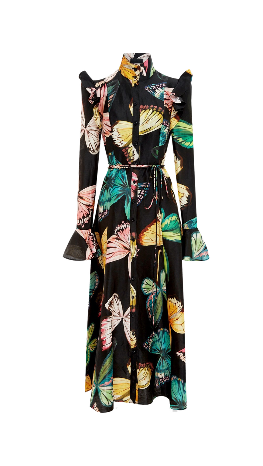 BUTTERFLY SLEEVE PAPILLON PRINT MIDI DRESS IN BLACK