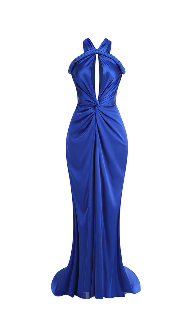 AIIZIE BEVERLY BRAID EMBELLISHED RUCHED HALTER GOWN IN BLUE - product image