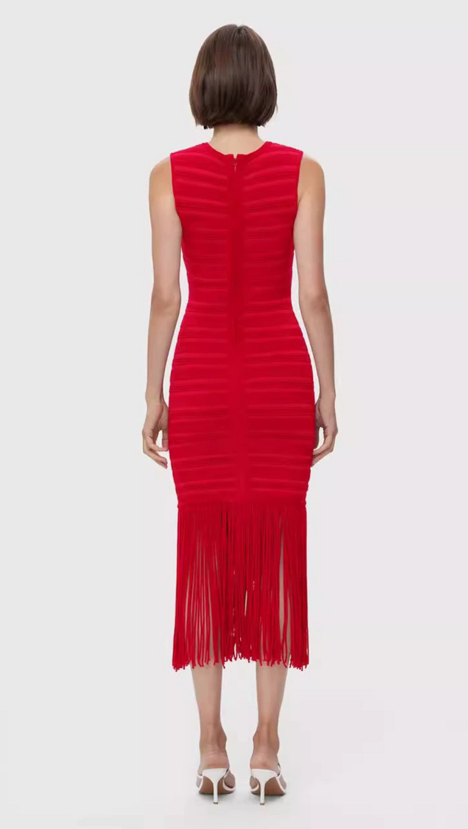 ABITO MIDI IN CINIGLIA ROSSA CON FRANGE E STRUTTURA