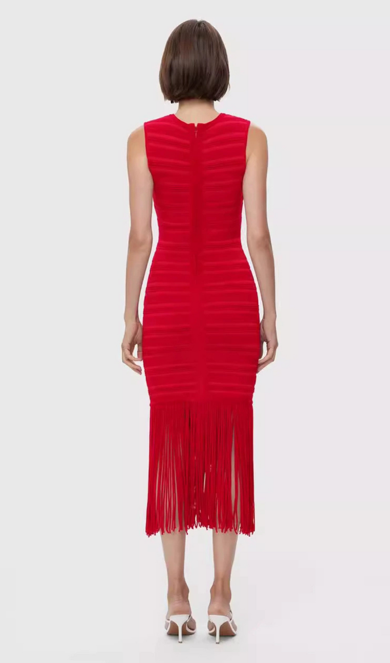 RED TEXTURED CHENILLE FRINGE MIDI DRESS